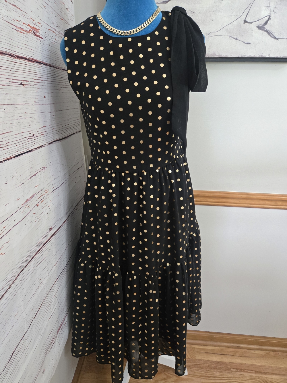 Ann Taylor Factory Black Gold Polka Dot Bow Midi Dress Size 2 NWOT